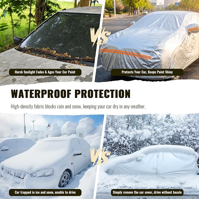 TUCAREST 6 Layers Full Car Cover for Sedan/Wagon/Coupe/Hatchback - Waterproof, Insulated, Anti-UV, Snow-Proof, Anti-Wind, All-Weather, Thickened Protection, up to 208 in