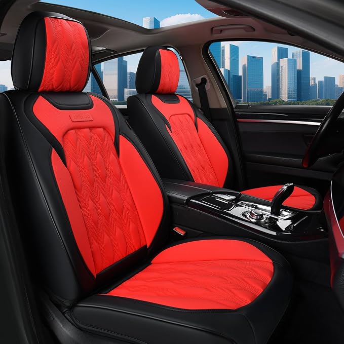 Coverado Car Seat Cover Full Set, Luxury Leather Seat Covers for Front and Rear, Waterproof Seat Covers Auto Seat Cover 5 Seats, Car Seat Protectors Driver Seat Covers Universal for Most Vehicles, Red