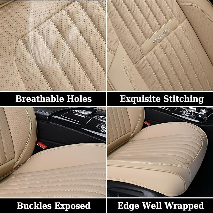 Coverado Car Seat Covers Front Seats, Car Seat Cover Beige, 2-Pack Car Seat Cushion Nappa Leather, Car Seat Protector, Waterproof Seat Covers Carseat Cover Universal Fit for Most Cars Trucks