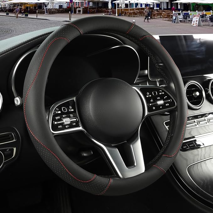 Black Microfiber Leather Steering Wheel Cover 14 inch | Breathable Anti Slip Grip Cool Sporty Look Glow for Women Men