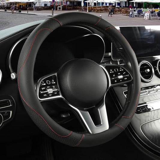 Black Microfiber Leather Steering Wheel Cover 14 inch | Breathable Anti Slip Grip Cool Sporty Look Glow for Women Men