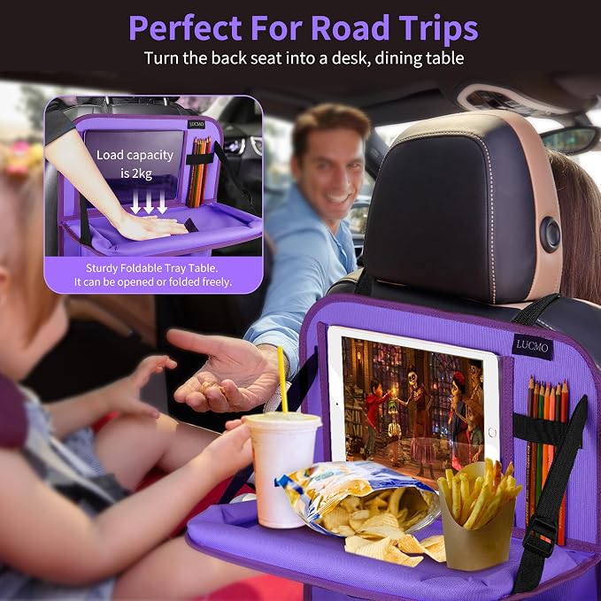 LUCMO Car Backseat Organizer with Foldable Tablet Holder, Dark Purple | 2 Pcs,6 Storage Pockets,Foldable Food Tray,Protectors Kick Mats,Travel Accessories,Seat Cover,Road Trip Essentials