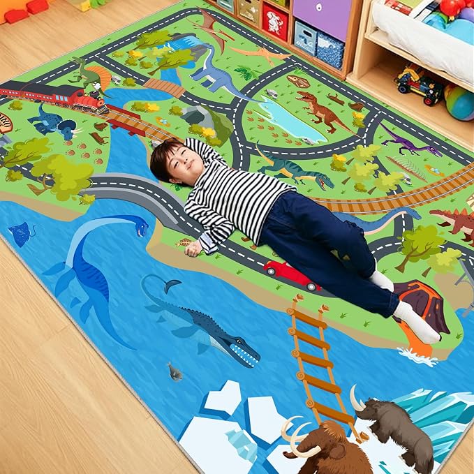 Kids Rugs for Playroom - Soft & Non-Slip 5x7 Feet Dinosaur Play Mat,Childrens Dinosaurs Carpet Washable Rug for Classroom Nursery Bedroom Boys