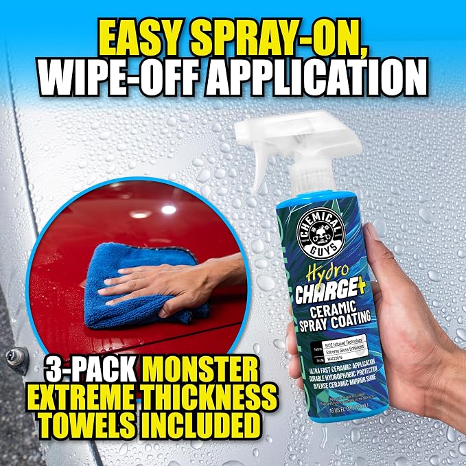 Chemical Guys, HydroCharge Ceramic Spray Coating & Towels Kit, 16 oz, 4 Pc | Ceramic spray coating adds gloss and hydrophobic protection, with three plush Monster microfiber towels