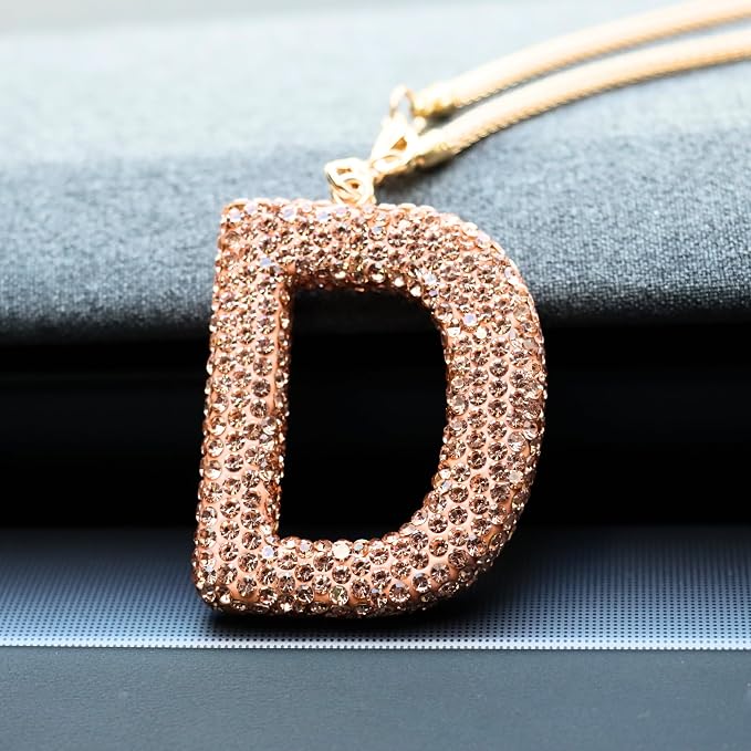Bling Car Accessories for Women Letter Charm, Rainbow Crystal Rearview Mirror Pendant, Cute Diamond Rhinestone Car Decor, Lucky Gift for Women(D, Champagne Gold)