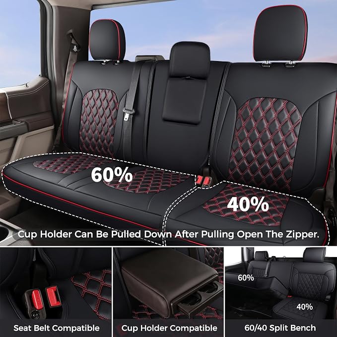 Huidasource Wrangler JL Seat Covers 4 Door, Waterproof Leather Seat Covers Full Set for Jeep Wrangler JL 4-Door 2018-2026 with Rear Cupholder, Custom Fit Seat Cushion Covers (Full Set/Black&Red)