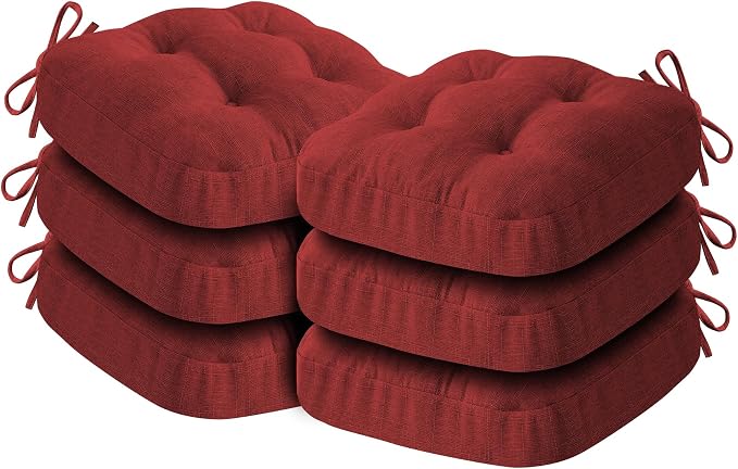 IASEAHK Chair Cushions for Dining Chairs, Dining Chair Cushions, Tufted Indoor Chair Pads with Ties & Non Slip Backing, Seat Cushions for Kitchen Chairs 16.5” x 16.5” x 3.5”, Set of 6, Red