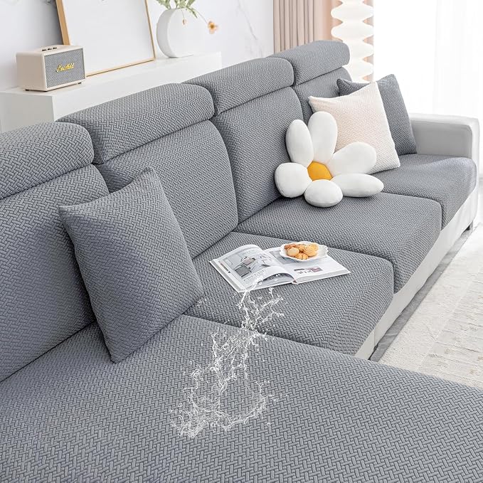 Smiry Waterproof Couch Cushion Covers, Stretch Jacquard Sectional Couch Covers, L Shape Chaise Lounge Sofa Slipcover, Washable Elastic Furniture Protector for Pets, Kid (XL-Chaise Cover, Light Grey)