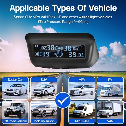 Masoll Tire Pressure Monitoring System, RV/Trailer TPMS with Solar Charging & Auto Calibration, M13 LCD Display tpms 4 sensors (0-99PSI)