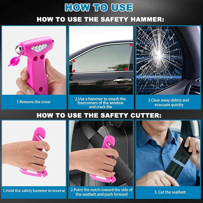 VZZNN 5-Pack Car Safety Hammer, 2-in-1 Window Breaker Seatbelt Cutter | Emergency Escape Tool, Carbon Steel Tip, Stainless Steel Blade, Ergonomic Design, Multicolor