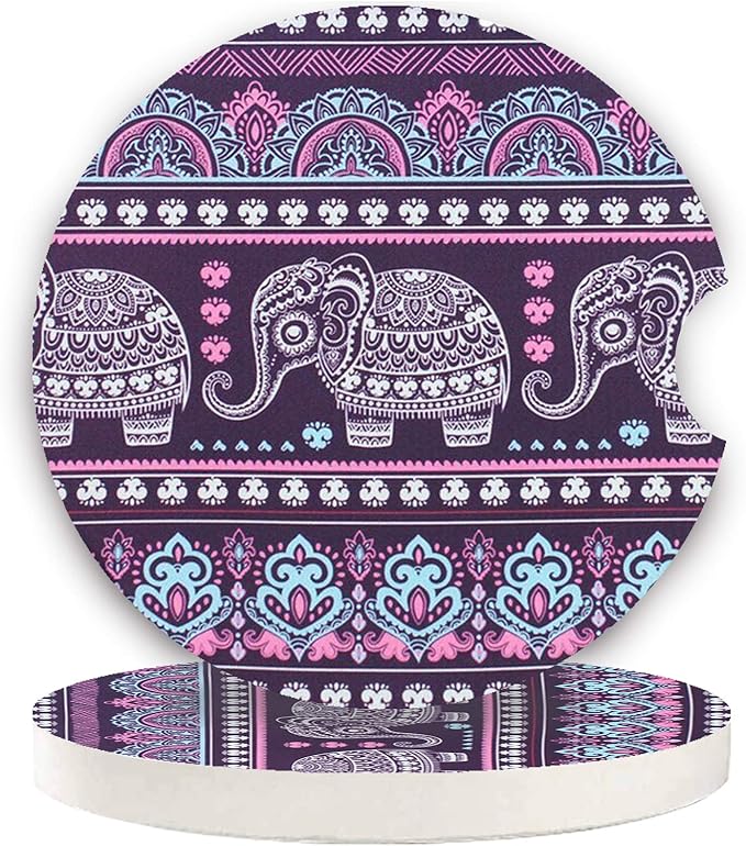 Small 2.56" Absorbent Car Coasters 2 Pack, Auto Cup Holder Accessories, Ceramic Coasters Absorb Spills to Keep Cupholders Clean (Purple Elephant)