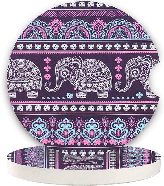 Small 2.56" Absorbent Car Coasters 2 Pack, Auto Cup Holder Accessories, Ceramic Coasters Absorb Spills to Keep Cupholders Clean (Purple Elephant)