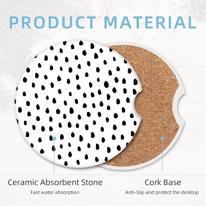 2 Pack Car Coasters for Cup Holders, 2.56" Universal Absorbent Ceramic Stone Car Cup Holder Coasters with Non-Slip Cork Base, Car Interior Accessories for Women Men(Polka Dots)