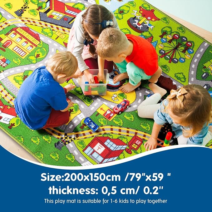Boooooom Jackson Kids Train & City Rug, 4'11" x 6'7" | Non-Slip Washable Train & City Play Mat, OEKO-TEX Certified, Gift for Toddlers, Classroom & Playroom