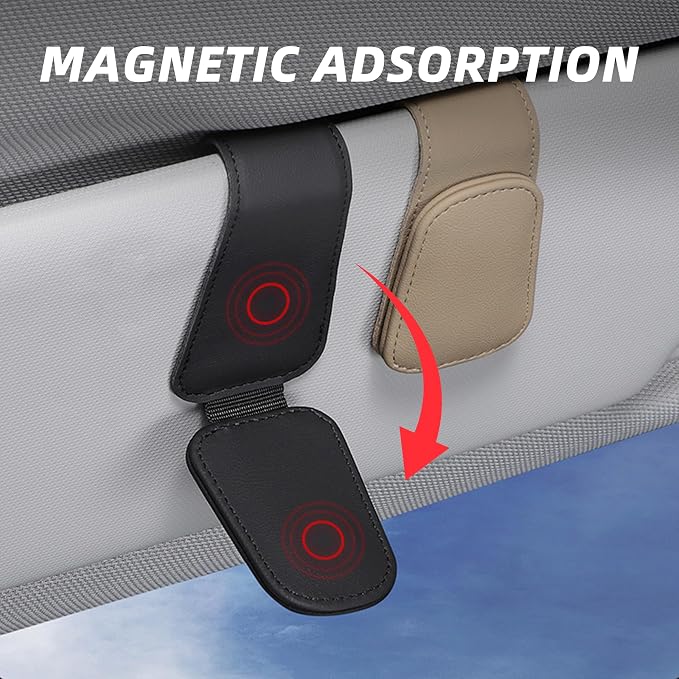 2PCS Sunglasses Holders for Car Sun Visor, Leather Eyeglasses Hanger Mounter, Magnetic Glasses Holder and Ticket Card Clip, Universal Auto Interior Accessories (Black, 2PCS)