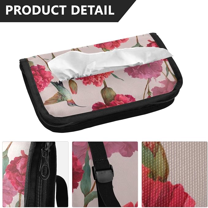 Red Carnation Hummingbird Car Tissue Holder Durable Napkin Holder Hanging Tissue Holders Case Car Tissues Bag for Sun Visor Seat Back Universal Auto
