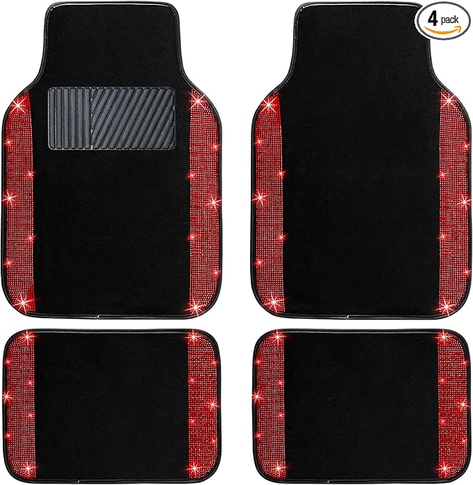 NBTEPEM Red Bling Car Floor Mats Full Set, Universal Fit Most Cars,SUV, Trucks, 4 pcs Sparkle Glitter Diamond Carpet for Women Girls with Anti-Slip Pad (Red Diamond)