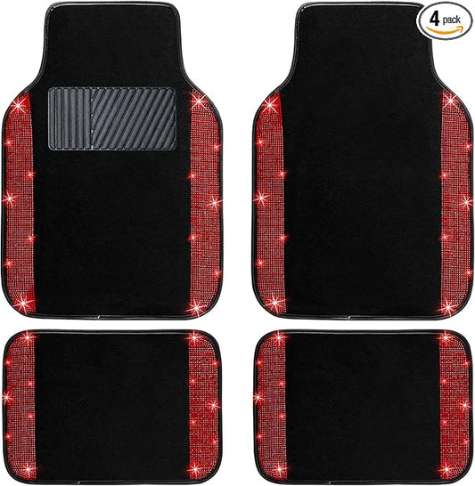 NBTEPEM Red Bling Car Floor Mats Full Set, Universal Fit Most Cars,SUV, Trucks, 4 pcs Sparkle Glitter Diamond Carpet for Women Girls with Anti-Slip Pad (Red Diamond)