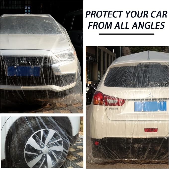 Tallew 4 Pcs Universal Plastic Car Cover 12. 5 x 21. 7ft Disposable Waterproof Full Exterior Cover with Elastic Band for Automobiles Sedan Outdoor Snow Rain Weather