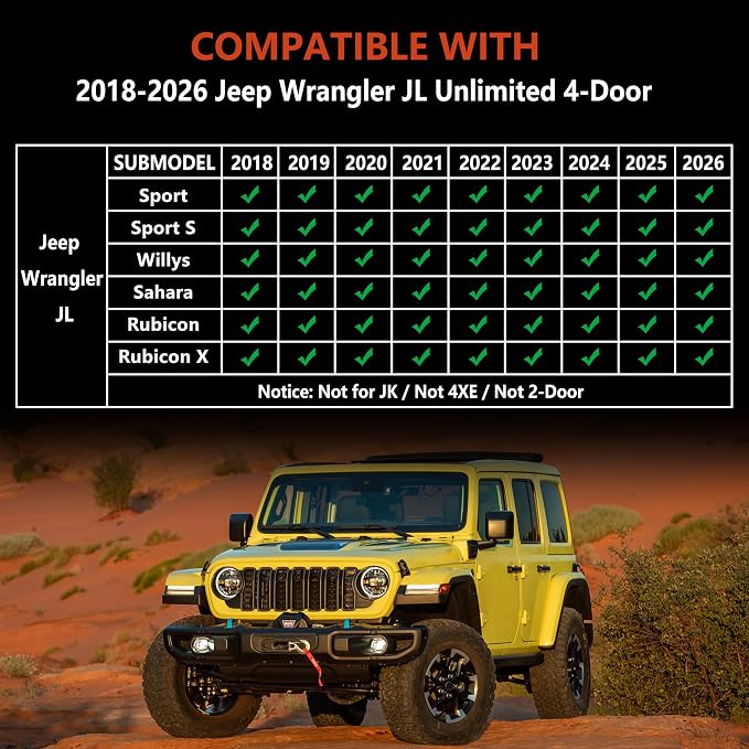 KARPAL Floor Mats for 2018-2026 Jeep Wrangler JL Unlimited 4 Door (Not for JK/4XE), TPE All Weather Protection Custom Fit Car Mats (Sahara, Rubicon, Willys, Sports), Front & 2nd Row