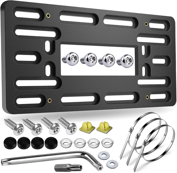 Aootf Front License Plate Bracket Holder, Bumper License Plate Mounting Kit | 2 Drill Holes Car Tag Adapter, Stainless Steel Zip Ties for Grill Mount, Anti Theft Stainless Steel Screw Bolt Caps