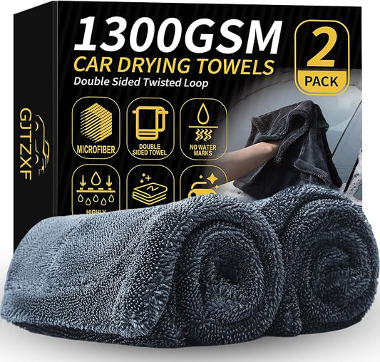 2-Pack Double-Twist Pile Microfiber Towels for Cars 1300 GSM Car Drying Towels (23.62" x 15.75") Ultra Absorbent Microfiber Towel, Streak-Free & Scratch-Free Car Cleaning Supplies with Edgeless Design