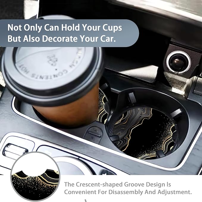 Black Gold Marble Car Coasters for Women 2 Pack,Abstract Lines Absorbent Car Coasters for Cup Holders Insert Ceramic Anti Slip with Finger Notch & Cork Base Auto Accessories Gifts