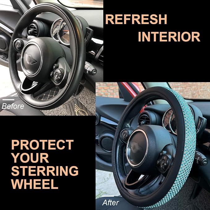 PINCTROT Bling Bling Comfy Steering Wheel Cover with Jumbo Crystal Rhinestones, Anti-Slip Diamond Leather, Universal 15 Inch (Sky Blue)