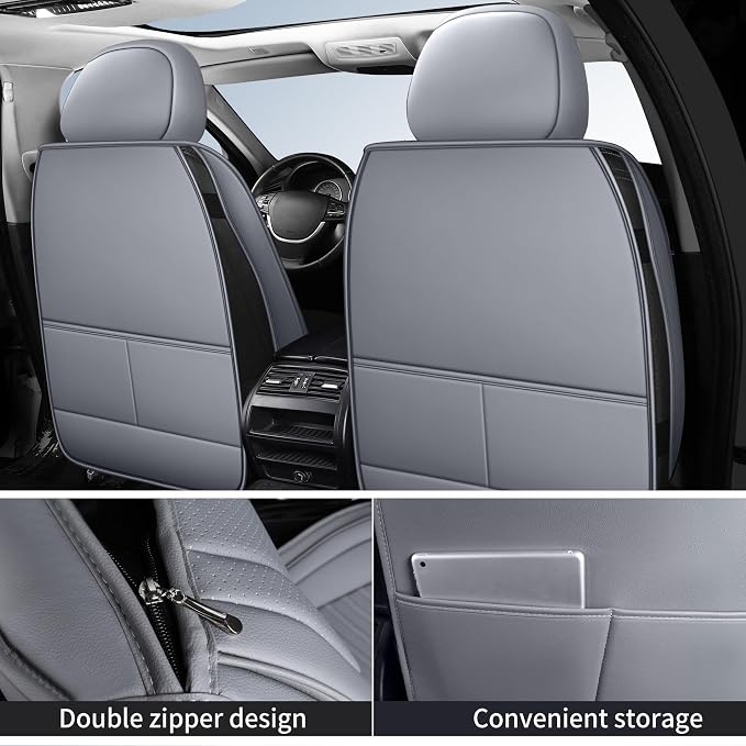 HChengkikz Nappa Leather Car Seat Covers Full Set, Gray Car seat Protector 5 Seats, Waterproof Car Seat Cushion, Universal Automotive Seat Covers Fit for SUV Truck Pick-up Sedan, Front and Rear | Easy Maintenance, Airbag Compatible, Universal Fit For M...