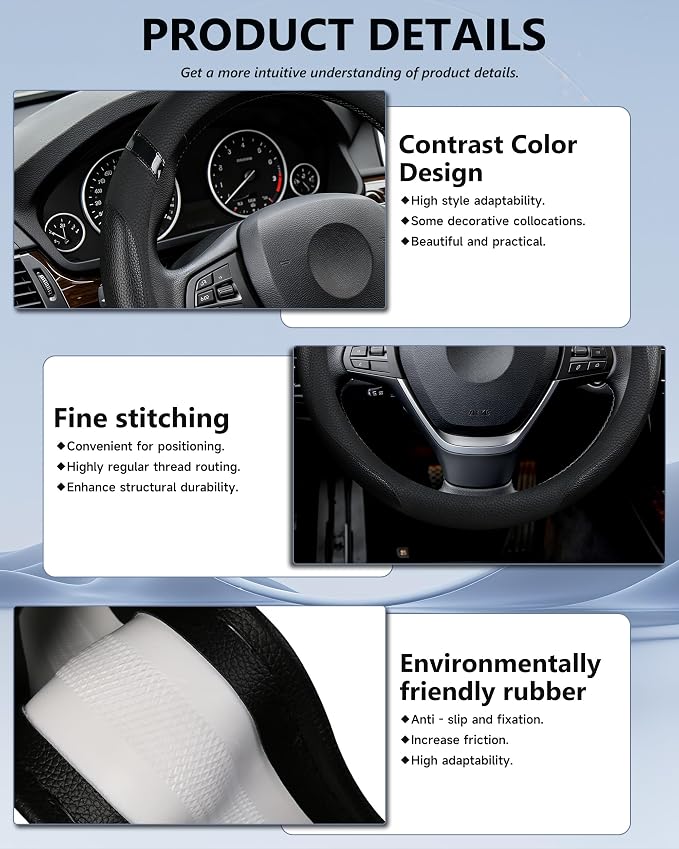 Cxtiy Car Steering Wheel Cover for Men Women Universal Leather Steering Covers for Car SUV (Full-Black)