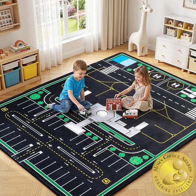 Kids Airport Rug,3 x 5 Ft City Road Play Rug | Extra Thick 0.4 in Soft Non-Slip Car Carpet Play Rug with Realistic Airport Roads for Toy Cars, Bedroom & Playroom