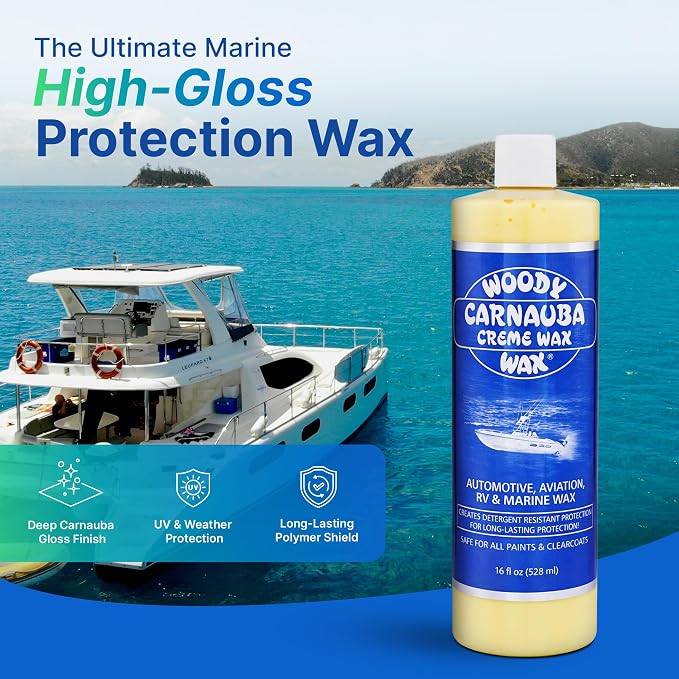 Woody Wax Carnauba Creme Wax, High-Gloss for Marine, RV & Aviation | UV Protection for Paint & Clear Coat, Detergent Resistant Polymers, Covers Light Scratches and Removes Oxidation, 16 oz
