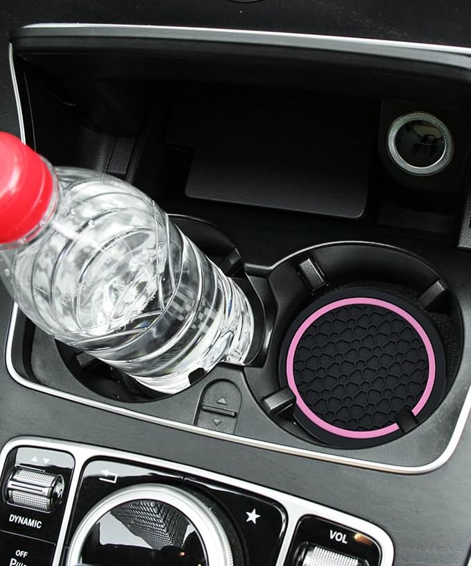 4PCS Car Coasters, Car Accessories Interior, 2.75 Inch Non-Slip Cup Holder Coasters for Most Vehicles (Black&Pink)