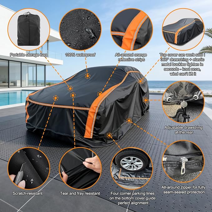 Layers Waterproof All-Weather Heavy-Duty Outdoor Cover – Fits 209-218" Sedans: Avalon, Taurus, MKS/Continental, BMW740i, S-Class & More.