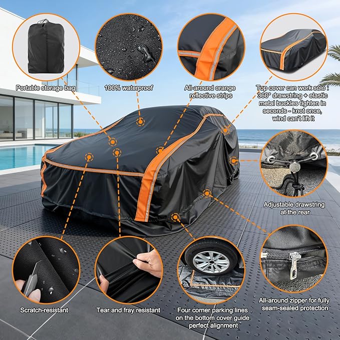 Layers Heavy Duty Waterproof All-Weather Cover – Fits Ford Explorer, Toyota Highlander, Acura MDX, Audi Q7/Q8, BMW X5/X6, Kia Telluride, Hyundai Palisade, Honda Pilot Length 191-201 Inch
