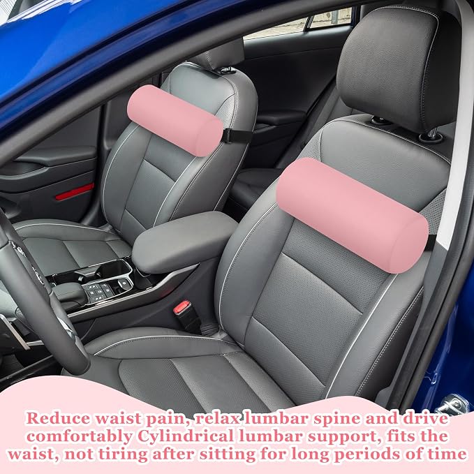 Wenqik 2 Pcs Lumbar Roll Support Pillow Low Back Lumbar Support Office Seat Cushion with Adjustable Strap and Washable Cover for Travel Gaming Chair Car Seat Pain Relief(Pink)