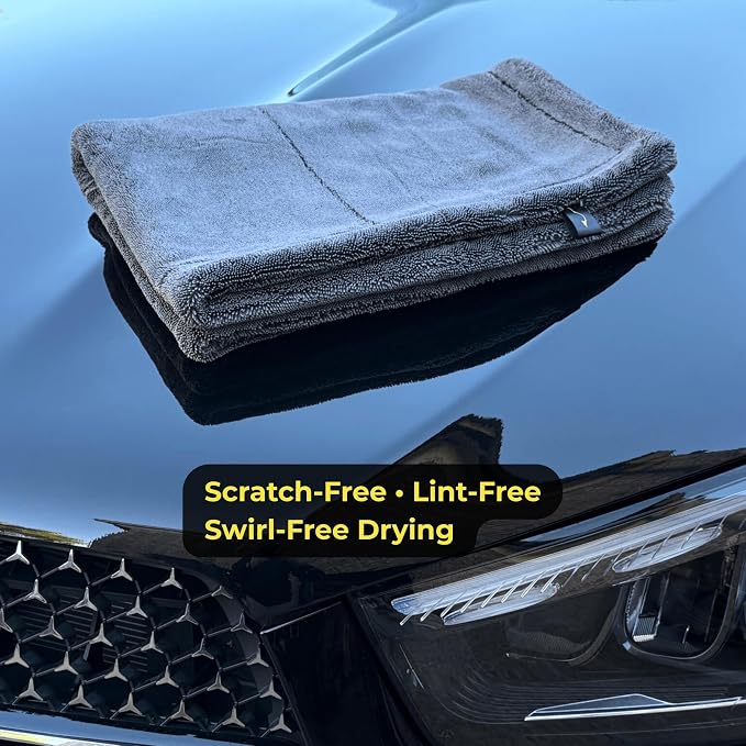Sleek Max Dry 2000GSM Car Drying Towel 20x31, Grey | Ultra-plush twist-loop microfiber, maximum absorption, soft on paint, double-sided, cars, trucks, SUVs & full-vehicle drying