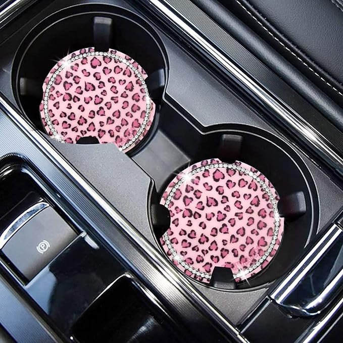 Leopard Car Coasters for Cup Holders, 4 Pack Silicone Cheetah Car Cup Holder Insert Coasters, 2.75" Universal Non-Slip Cup Holder Coaster, Car Interior Accessories for Women (Pink)