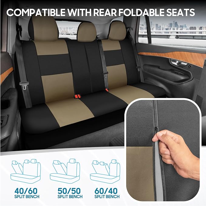 BDK PolyPro Seat Covers Full Set in Beige on Black – Front and Rear Split Bench Seat Covers for Cars, Easy to Install , Car Accessories for Auto Trucks Van SUV