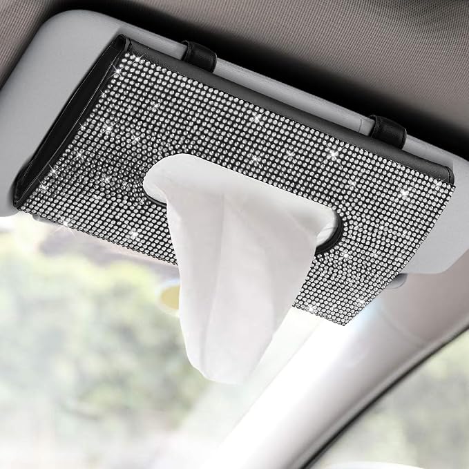Bling Car Sun Visor Tissue Box Holder, Visor Accessories, Rhinestone PU Leather Crystal Sparkling Napkin Holder, Auto Sun Visor Paper Towel Cover Case Accessories for Most Cars (White)