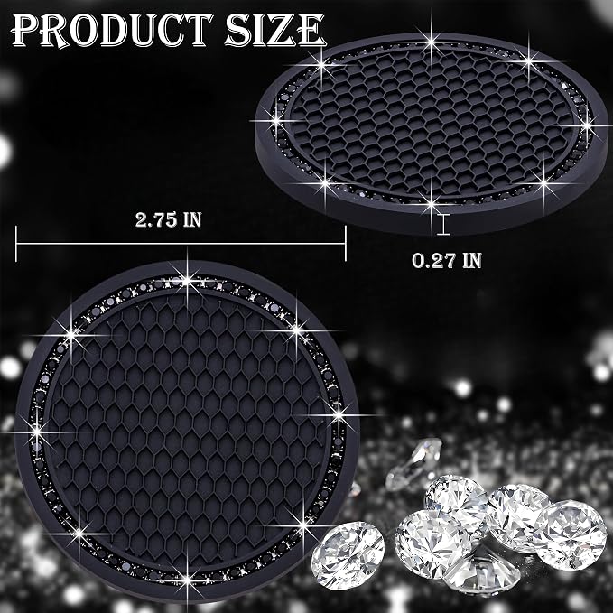 4PCS Bling Cup Holder Coaster, 2.75 Inch Auto Car Cup Holder Insert Coasters, Soft Silicone Anti-Slip Shockproof, Universal Vehicle Interior Accessories for Women Girls (Black)