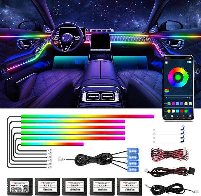 Dreamcolor Acrylic Interior Car Lights, 14 in 1 RGB LED Strip Lights with APP Control and 213 Color Modes, Decorative Car Ambient Lighting Kits