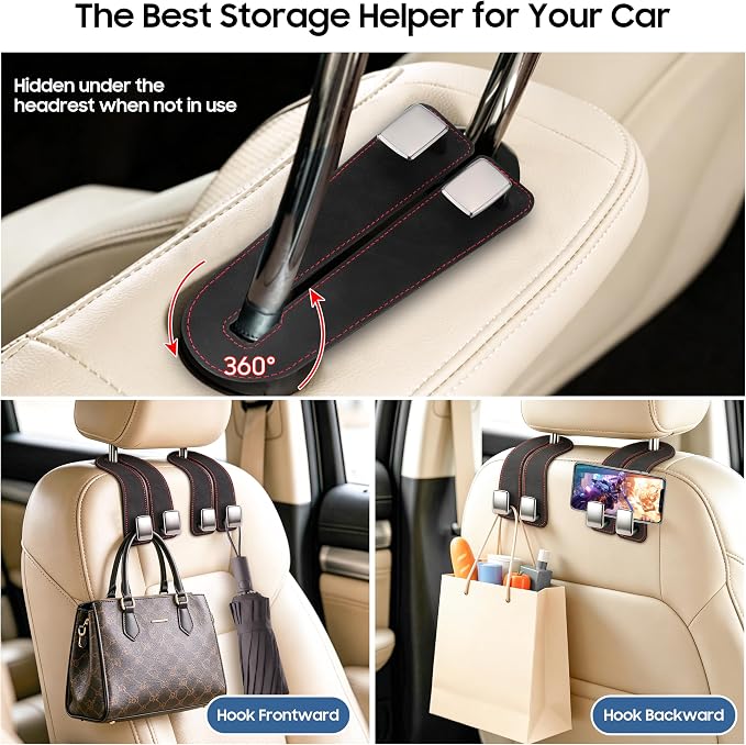 Amooca Car Headrest Hooks, Premium Suede with Metal Car Seat Back Storage Hooks for Handbag Coats Umbrella Backpack - 4 Pack, Black