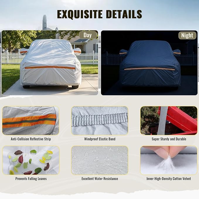 TUCAREST 6 Layers Full Car Cover for SUV- Waterproof, Insulated, Anti-UV, Snow-Proof, Anti-Wind, All-Weather, Thickened Protection, up to 180 in