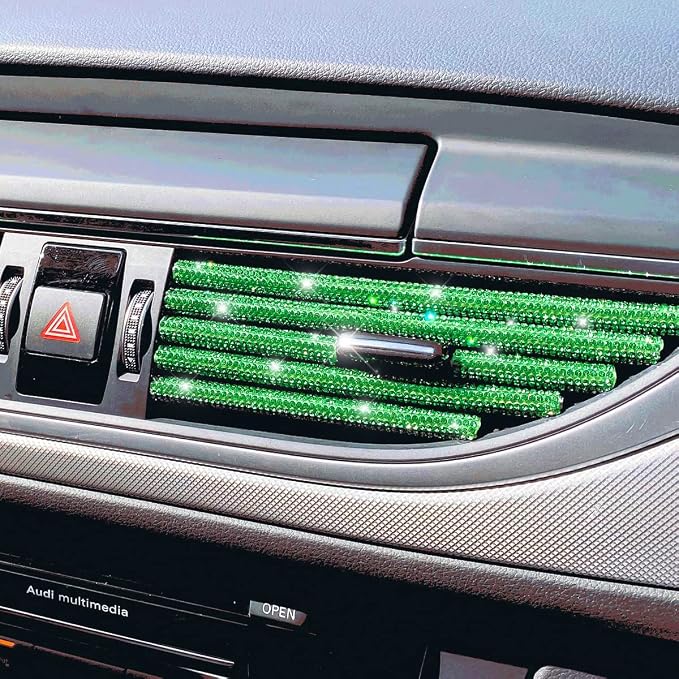 Green Rhinestones Diamond Decoration Strips, 10PCS Waterproof Bling Car Vent Outlet Trim for Straight Air Conditioner, Interior Accessories for Women Girls