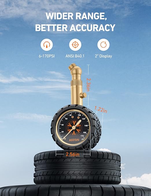 AstroAI Tire Pressure Gauge 6-170 PSI, Large 2" Easy Read Glow Dial Tire Gauge, Certified ANSI B40.1(1%) Accurate, Compatible for Bicycle, Car, SUV, Truck & Motorcycle