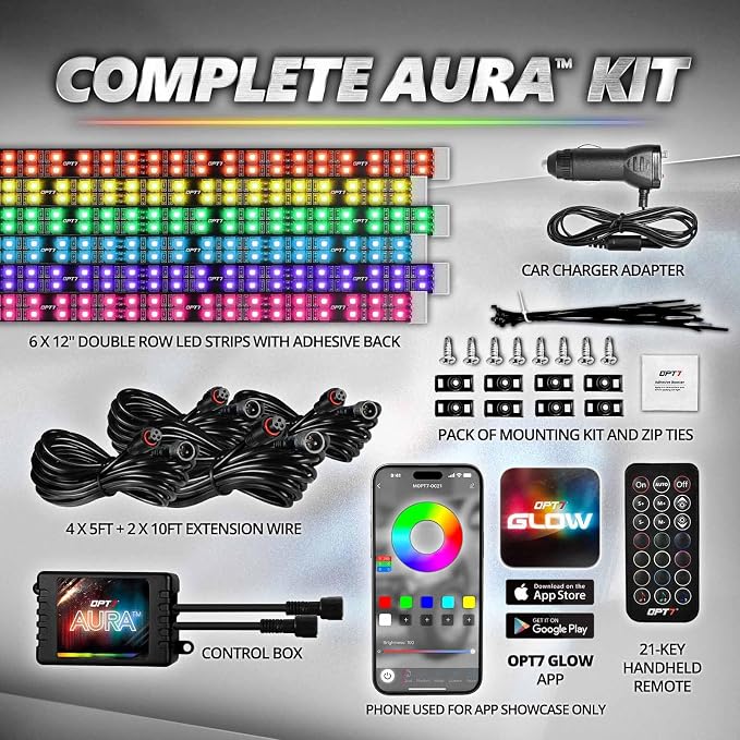 OPT7 Aura Pro Double Glow Interior Truck & SUV Lights with App & Remote | Ultra Bright Ambient Glow, Extended Interior Lighting, 6PC Multicolor LED Strip, Sound Sync, 12V Crew Cab Truck Accessories