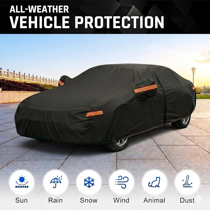 6 Layer Heavy Duty Car Cover Waterproof All Weather Protection with Cotton Liner, Universal Fit Lincoln MKZ, Chrysler 300, Toyota Avalon, Cadillac CTS CT5, Genesis G80, Acura TLX RLX