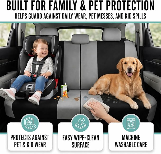 FH Group Universal Fit Gray Black Automotive Seat Covers Combo Set with Steering Wheel Cover and Seat Belt Pad fits Most Cars, SUVs, and Trucks (Airbag Compatible and Split Bench)