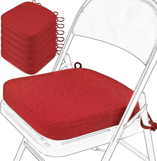 SINOSSO Memory Foam Chair Cushions for Folding Chairs 6 Pack, Thickened 2" Square Pads with Ties for Kitchen Chairs, Indoor Non-Slip Dining Chair Seat Cushions (Set of 6, Red)
